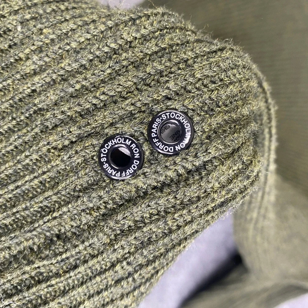 Ron Dorff Mens 100% Wool Ribbed Military Sweater Olive Green Patches L 08SW1502